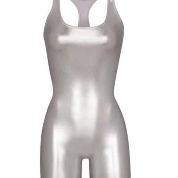 NWT SKIMS Metallic Swim Romper Cycle Suit in Nickel Silver Size Small - Picture 4 of 4